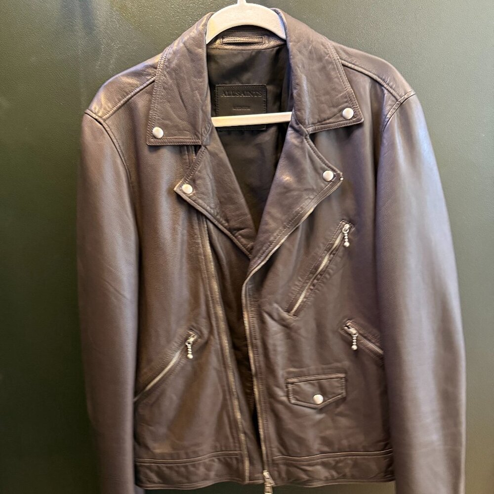 AllSaints Holt Dark Grey Leather Biker (Size M)